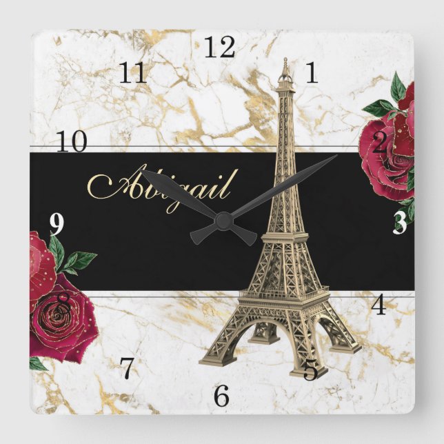 Personalized Eiffel Tower Gold, White Marble Rose Square Wall Clock (Front)