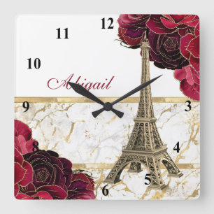 Personalized Eiffel Tower Gold, White Marble Rose Square Wall Clock