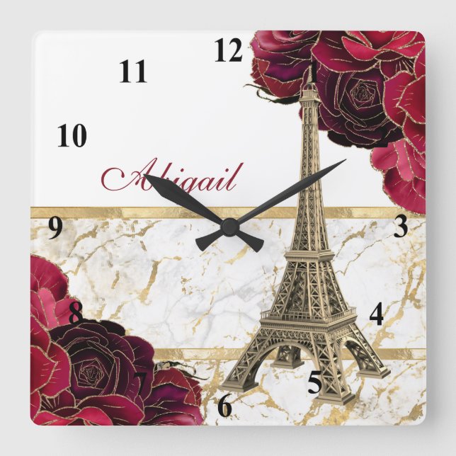 Personalized Eiffel Tower Gold, White Marble Rose Square Wall Clock (Front)