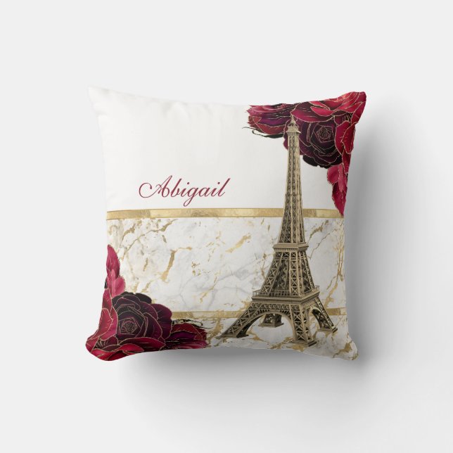Personalized Eiffel Tower Gold, White Marble Rose Throw Pillow (Front)