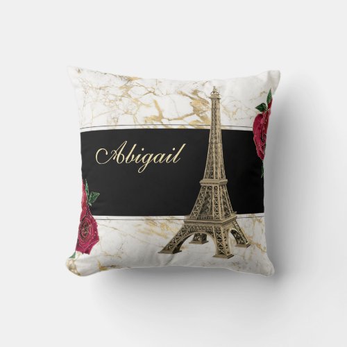 Personalized Eiffel Tower Gold White Marble Rose Throw Pillow