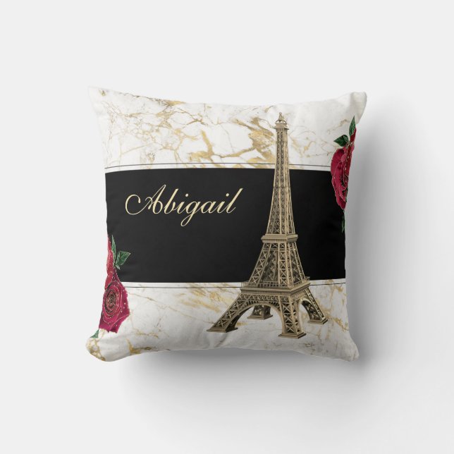 Personalized Eiffel Tower Gold, White Marble Rose Throw Pillow (Front)