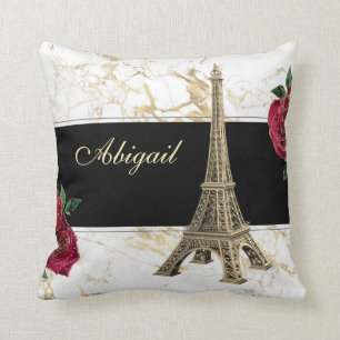 Personalized Eiffel Tower Gold, White Marble Rose Throw Pillow