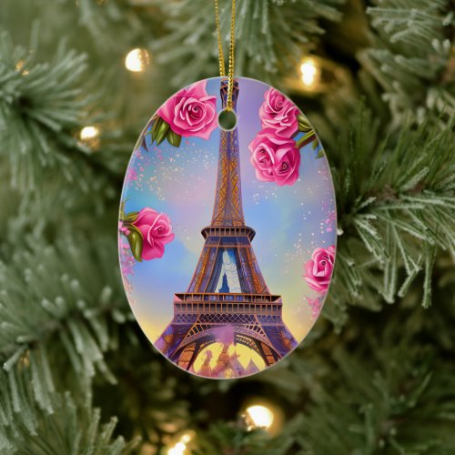 Personalized Eiffel Tower Pink Rose Chic Christmas Ceramic Ornament