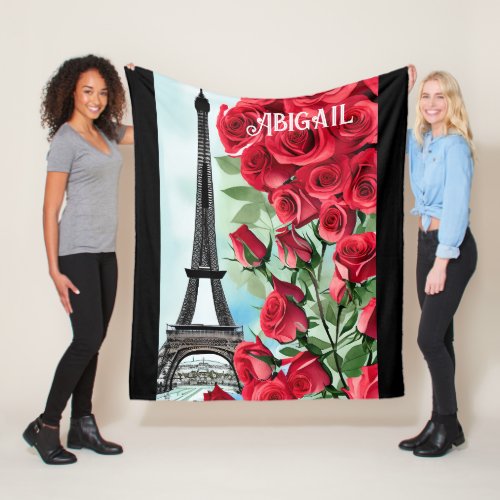 Personalized Eiffel Tower Red Roses Modern Art Fleece Blanket