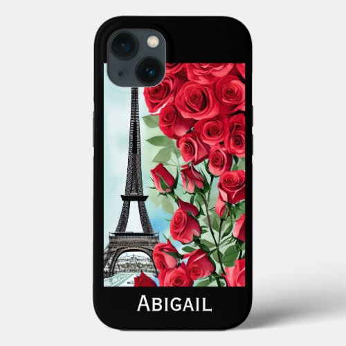 Personalized Eiffel Tower Romantic Roses Modern iPhone 13 Case