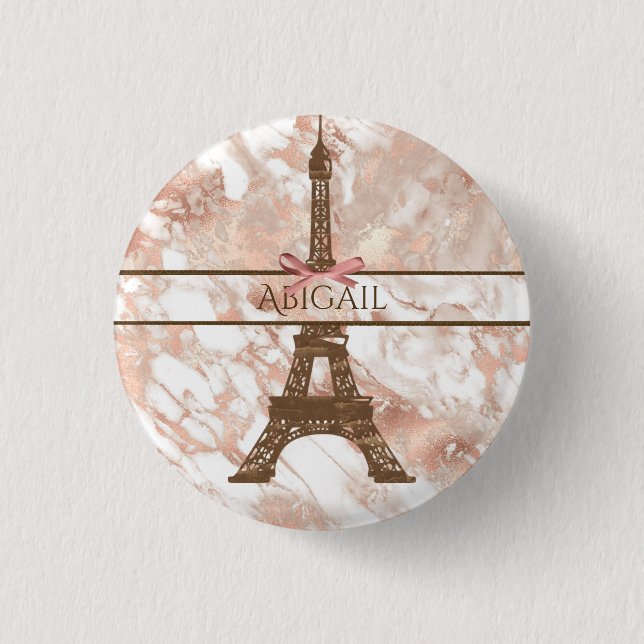 Personalized Eiffel Tower White, Rose Gold Marble Button (Front)