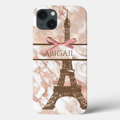 Personalized Eiffel Tower White Rose Gold Marble iPhone 13 Case