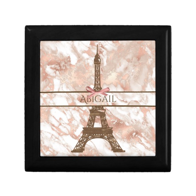 Personalized Eiffel Tower White, Rose Gold Marble Gift Box (Front)