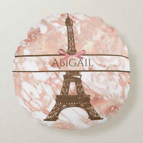 Personalized Eiffel Tower White Rose Gold Marble Round Pillow