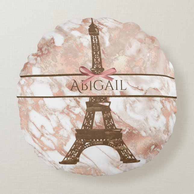 Personalized Eiffel Tower White, Rose Gold Marble Round Pillow (Front)