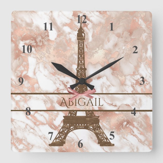Personalized Eiffel Tower White, Rose Gold Marble Square Wall Clock (Front)