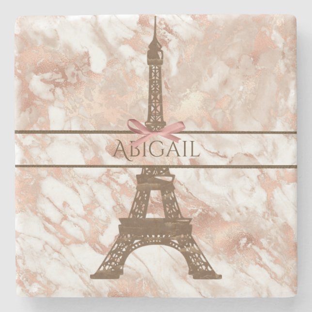Personalized Eiffel Tower White, Rose Gold Marble Stone Coaster (Front)