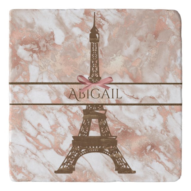 Personalized Eiffel Tower White, Rose Gold Marble Trivet (Front)