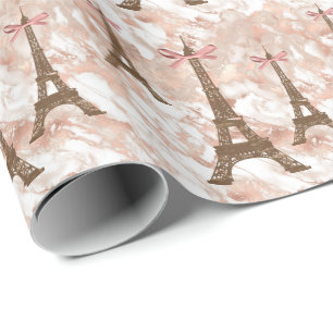 Personalized Eiffel Tower White, Rose Gold Marble Wrapping Paper