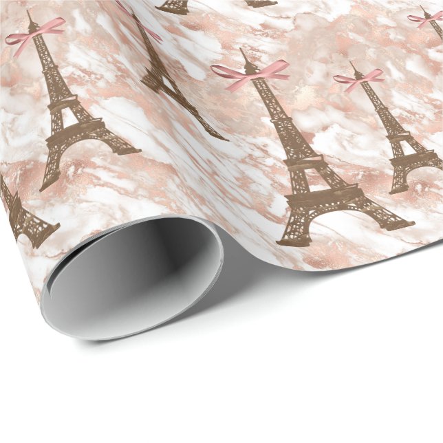 Personalized Eiffel Tower White, Rose Gold Marble Wrapping Paper (Roll Corner)