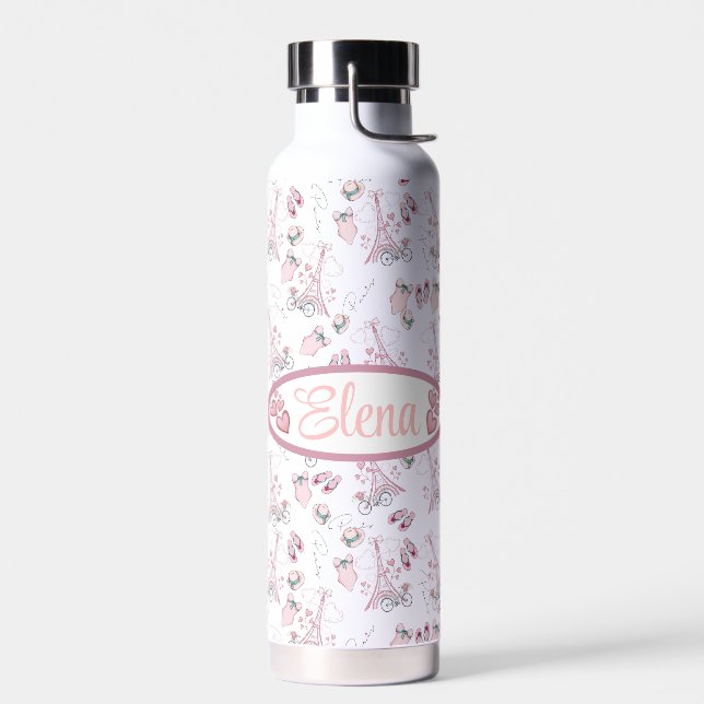 Personalized Eiffel Tower with Heart Flowers Water Bottle (Left)