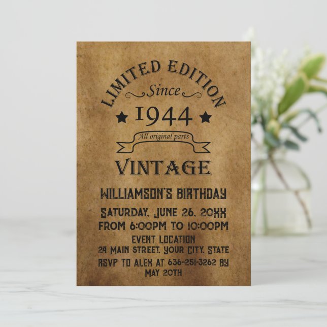 Personalized eighty vintage 80th birthday party invitation (Standing Front)
