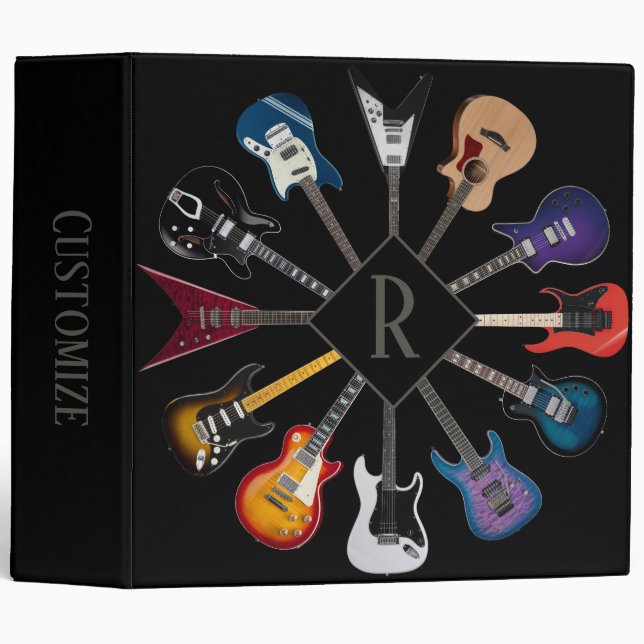 Personalized Electric Guitar Circle Black 3 Ring Binder (Front/Spine)