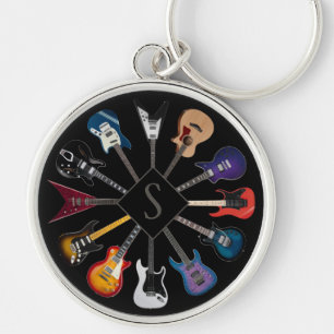 Personalized Electric Guitar Circle Black Keychain