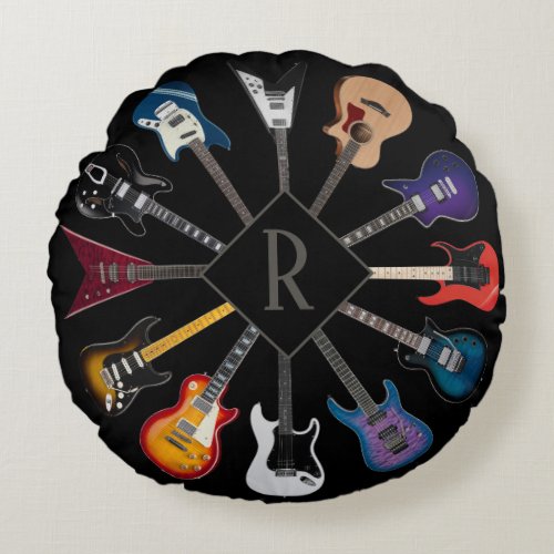 Personalized Electric Guitar Circle Black Round Pillow