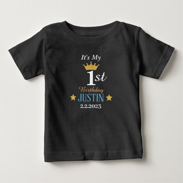 Personalized Elegant 1st birthday gold crown black Baby T-Shirt (Front)