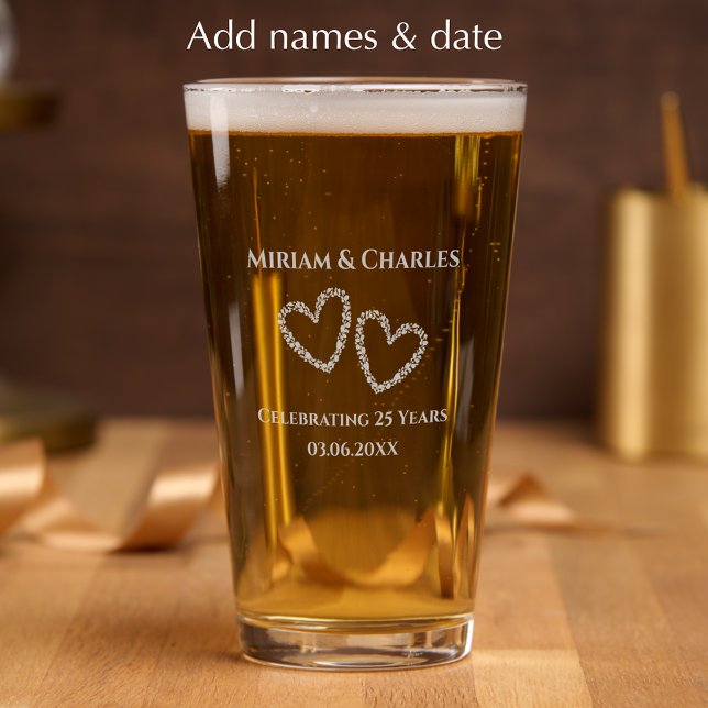 Personalized Elegant 25th Anniversary Gift Etched Pint Glass (Create a personalized etched glass keepsake gift for a 25th wedding anniversary. Add names and date.)