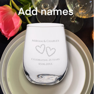 Personalized Elegant 25th Anniversary Gift Etched Stemless Wine Glass