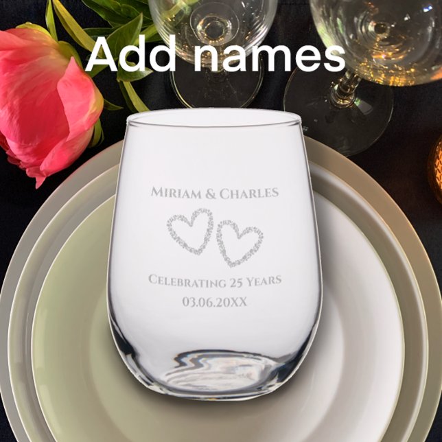 Personalized Elegant 25th Anniversary Gift Etched Stemless Wine Glass (Add couples names and date for a 25th wedding anniversary gift. Custom keepsake glass. 
)