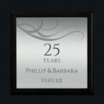 Personalized elegant 25th wedding anniversary gift box<br><div class="desc">Create an elegant, faux silver 25th wedding anniversary gift box with this unique template. Easily personalize this stylish keepsake wooden box by adding the couple's names and anniversary date. All the modern, simple grey typography is editable. "25 YEARS" can be customized for any anniversary year. I created the faux silver...</div>