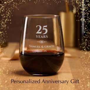 Personalized Elegant 25th Wedding Anniversary Gift Stemless Wine Glass
