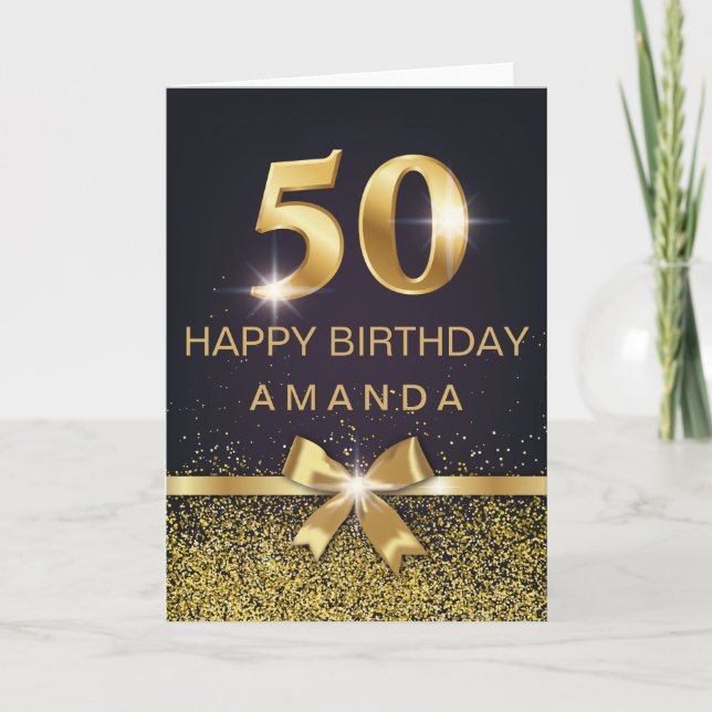 Personalized Elegant 50th Birthday Gold Glitter Card (Front)