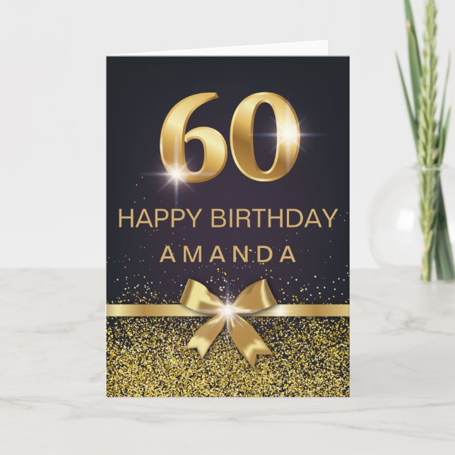 Personalized Elegant 60th Birthday Gold Glitter Card (Front)