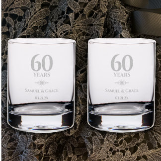 Personalized Elegant 60th Diamond Anniversary Gift Rocks Glass