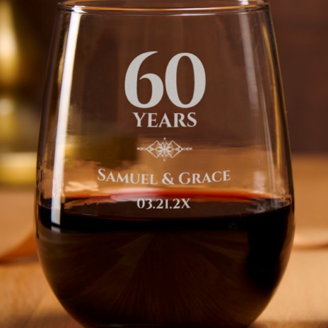 Personalized Elegant 60th Diamond Anniversary Gift Stemless Wine Glass (Add couple’s names and anniversary date for unique diamond 60th wedding anniversary keepsake gift)