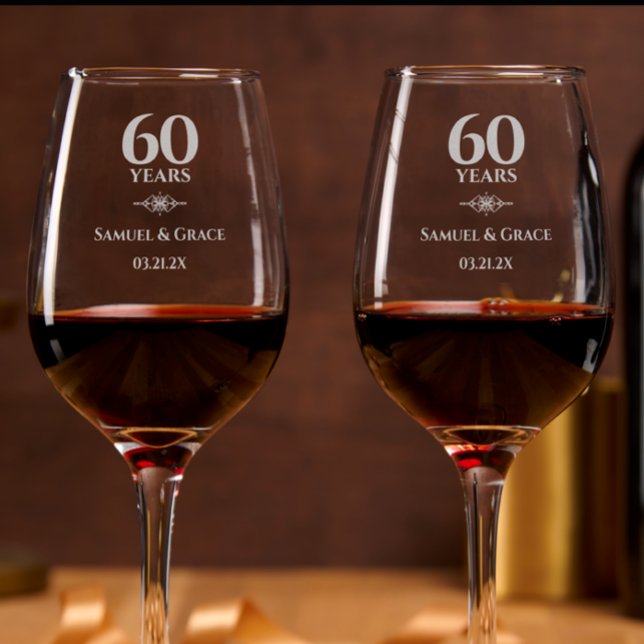 Personalized Elegant 60th Diamond Anniversary Gift Wine Glass (Add couple’s names for personalized 60th wedding anniversary keepsake glass. Unique custom gift idea)