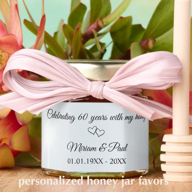 Personalized Elegant 60th Wedding Anniversary Honey Jar Favors (Personalize these sweet little honey jars for a custom unique  60th wedding anniversary party favor)