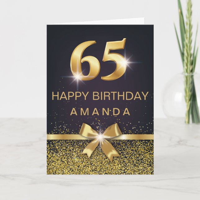 Personalized Elegant 65th Birthday Gold Glitter Card (Front)