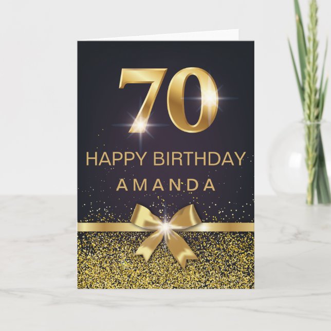 Personalized Elegant 70th Birthday Gold Glitter Card (Front)