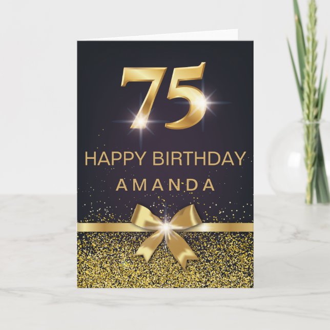 Personalized Elegant 75th Birthday Gold Glitter Card (Front)