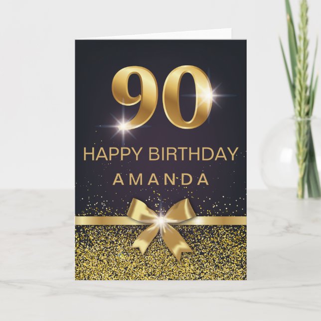 Personalized Elegant 90th Birthday Gold Glitter Card (Front)