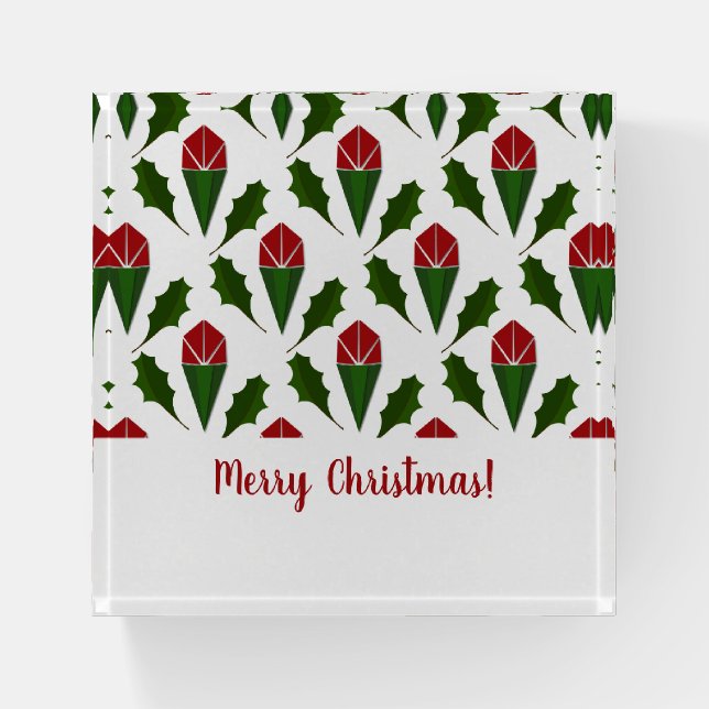 Personalized Elegant Abstract Red Roses and Holly Paperweight (Front)