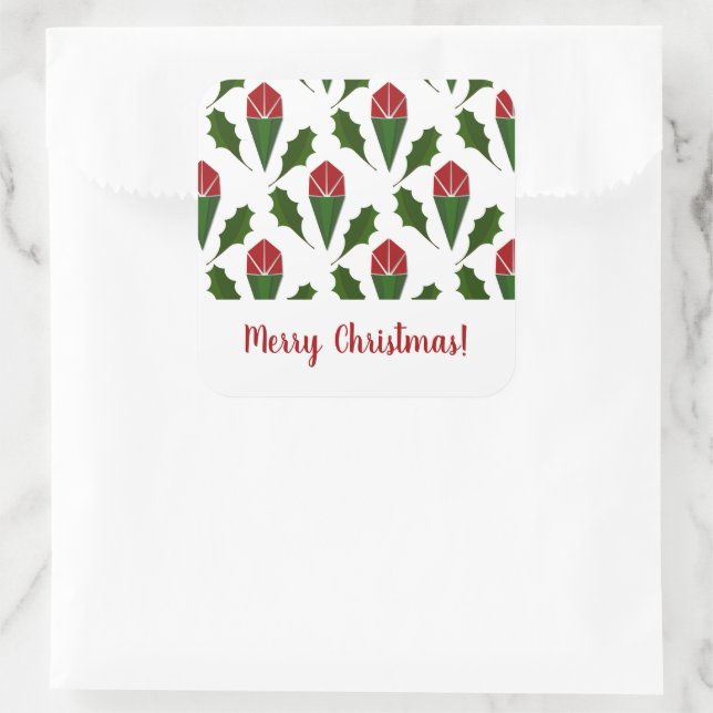Personalized Elegant Abstract Red Roses and Holly Square Sticker (Bag)