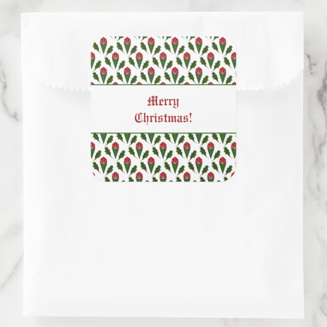 Personalized Elegant Abstract Red Roses and Holly Square Sticker (Bag)