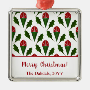 Personalized Elegant Abstract Red Roses & Holly Metal Ornament