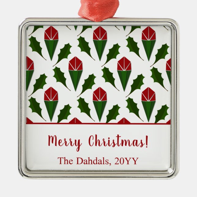 Personalized Elegant Abstract Red Roses & Holly Metal Ornament (Front)