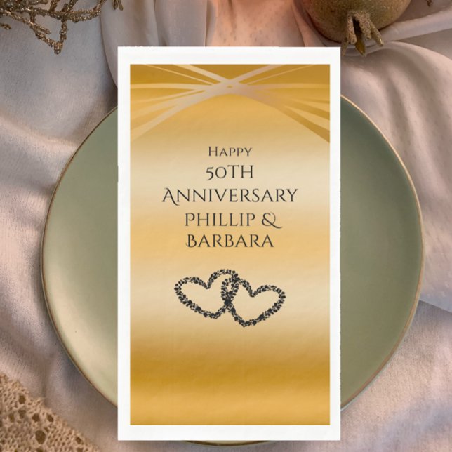 Personalized Elegant Arch Golden 50th Anniversary Paper Guest Towels (Throw a beautiful 50th Wedding Anniversary Party with personalized unique golden arch heart napkins.)