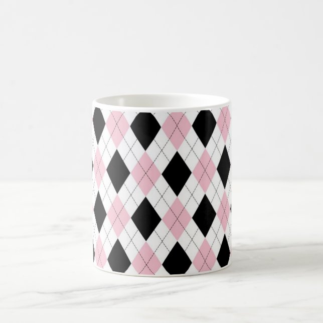 Personalized Elegant Argyle Pattern Pink & Black Coffee Mug (Center)