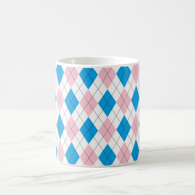 Personalized Elegant Argyle Pattern Pink & Blue Coffee Mug (Center)