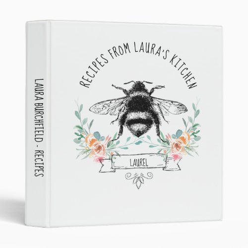 Personalized Elegant Bee Floral Recipe 3 Ring Binder
